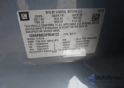 2015 Chevrolet Tahoe Lt from USA, damaged, VIN 1GNSKBKC8FR648123